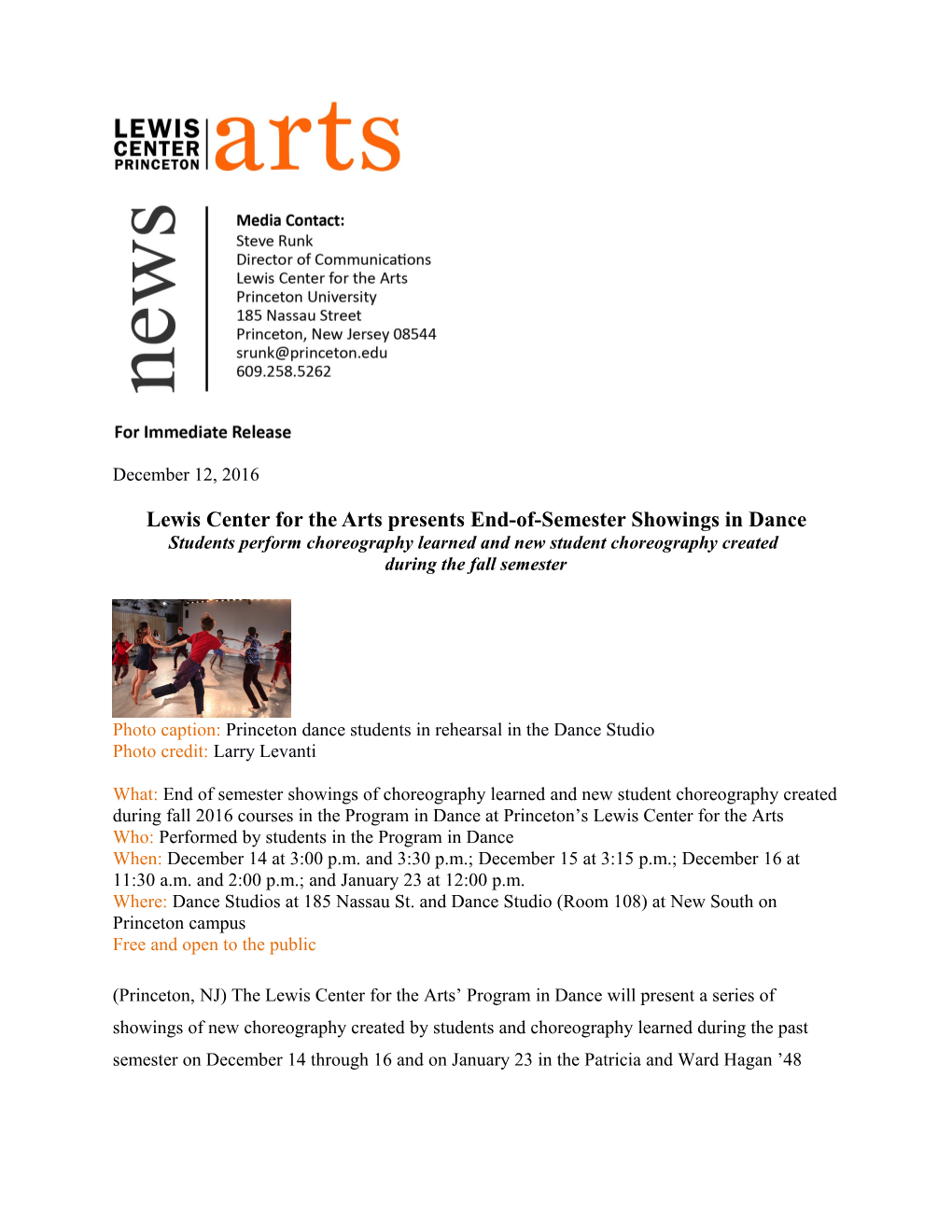 Lewis Center for the Arts Presents End-Of-Semester Showings in Dance