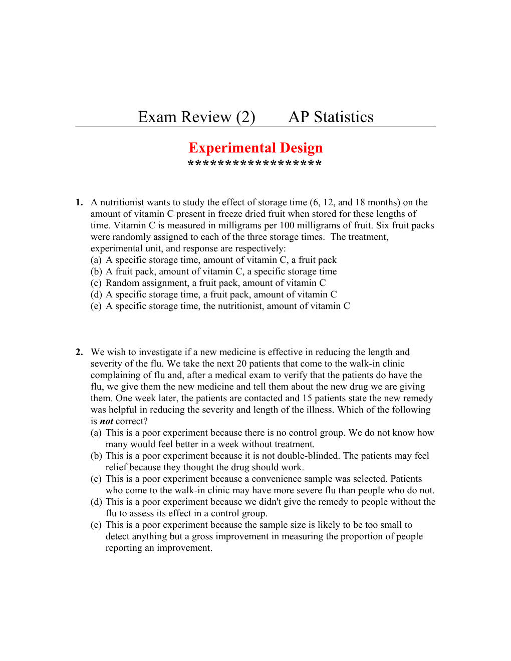 Exam Review (2) AP Statistics