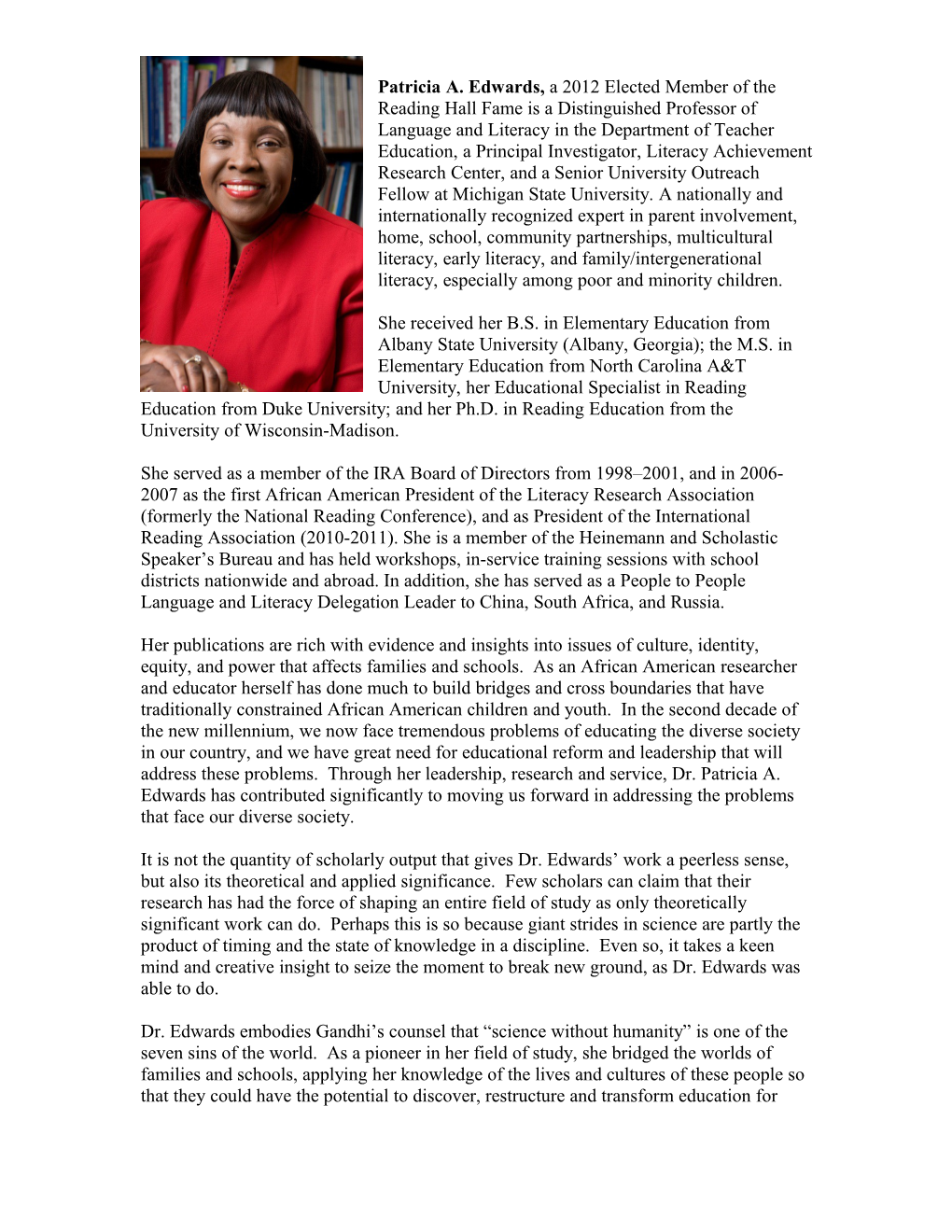 Patricia A. Edwards, a 2012 Elected Member of the Reading Hall Fame Is a Distinguished