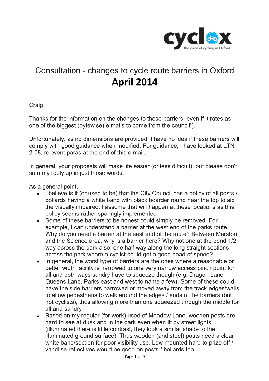 Consultation - Changes to Cycle Route Barriers in Oxford