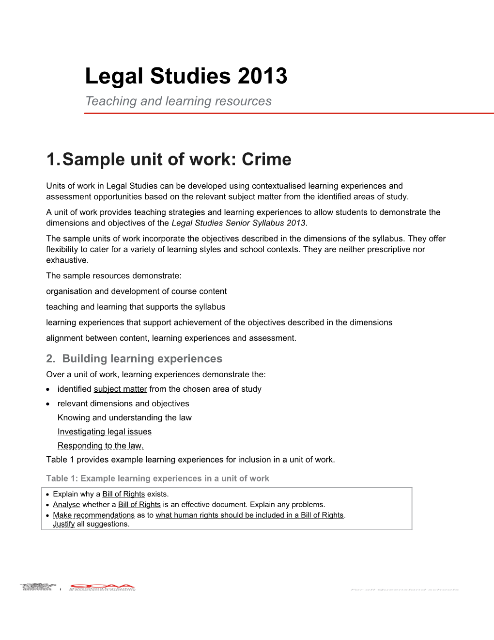 Legal Studies (2013) Teaching and Learning Resources: Sample Unit of Work - Crime
