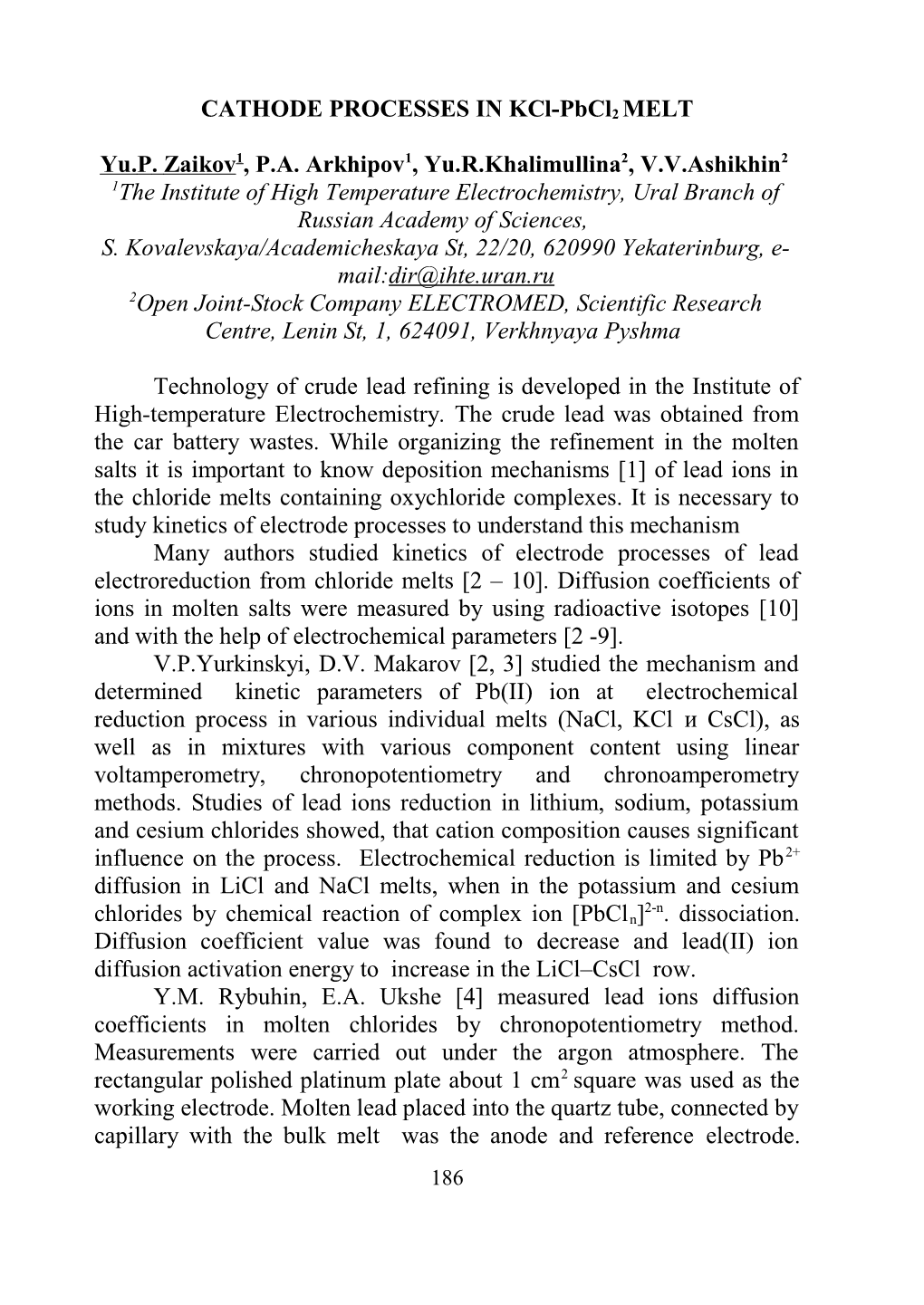 CATHODE PROCESSES in Kcl-Pbcl2 MELT