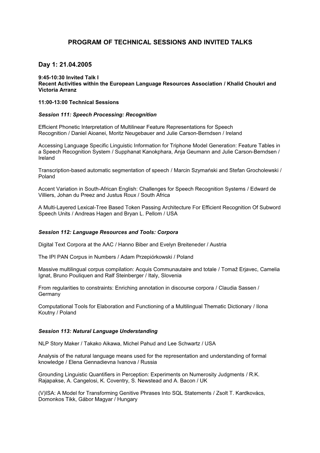 Program of Technical Sessions and Invited Talks