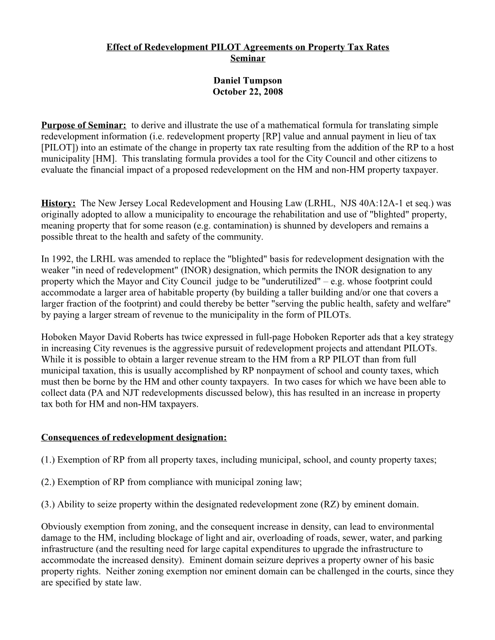 Effect of Redevelopment PILOT Agreements on Property Tax Rates