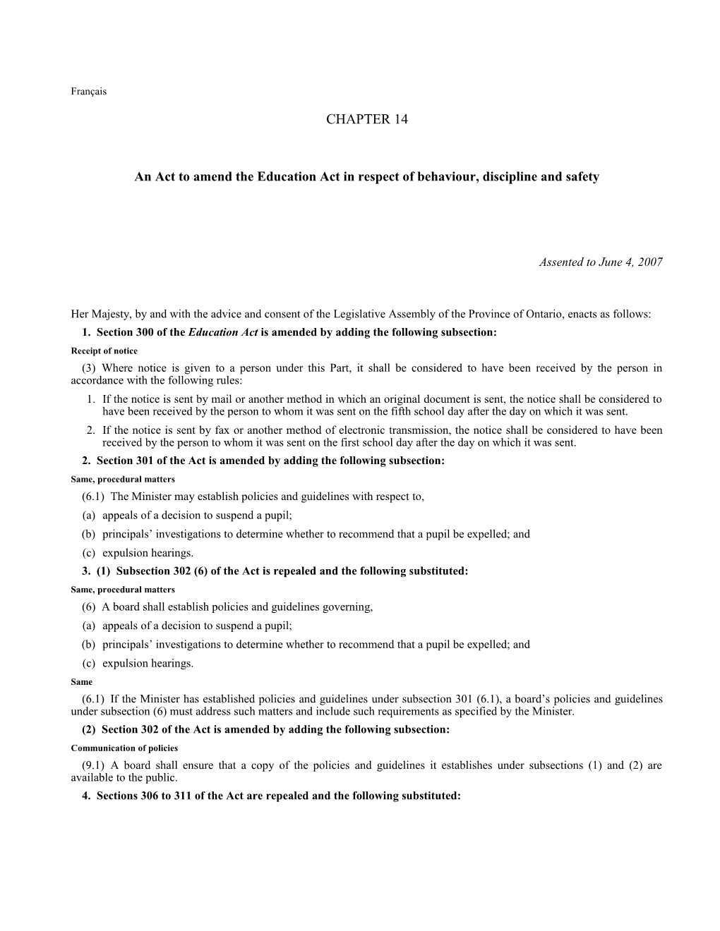 Education Amendment Act (Progressive Discipline and School Safety), 2007, S.O. 2007, C