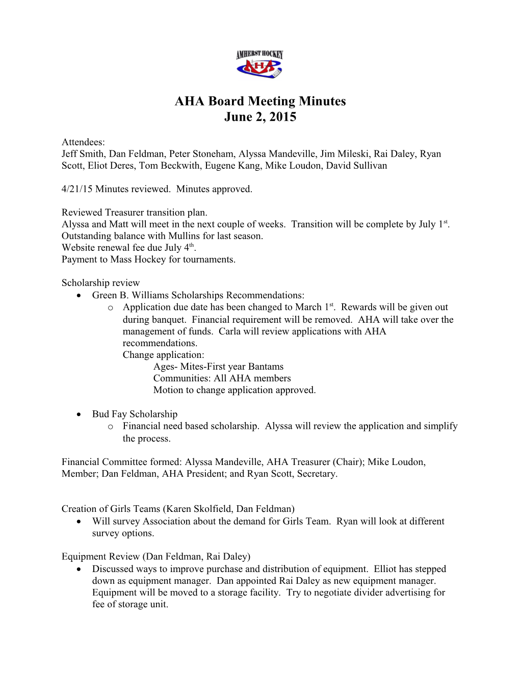 AHA Board Meeting Minutes
