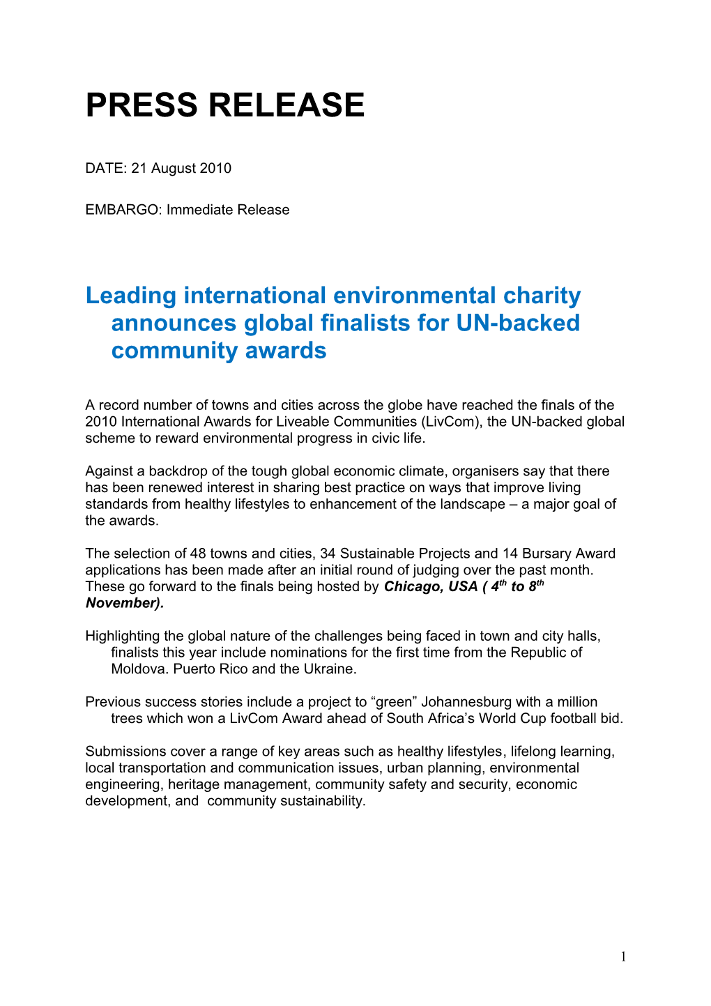 Leading International Environmental Charity Announces Globalfinalists for UN-Backed Community