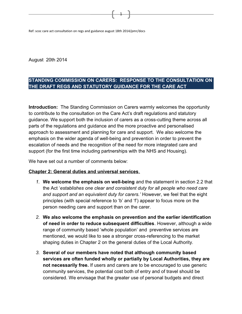 Ref: Scoc Care Act Consultation on Regs and Guidance August 18Th 2014/Pmr/Docs