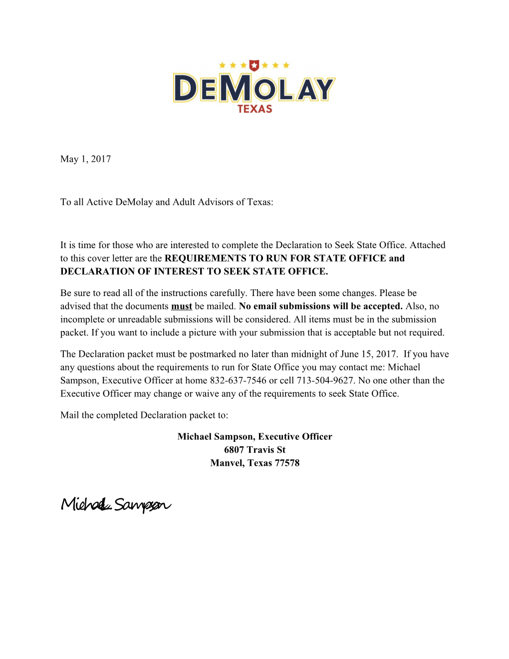 To All Active Demolay and Adult Advisors of Texas