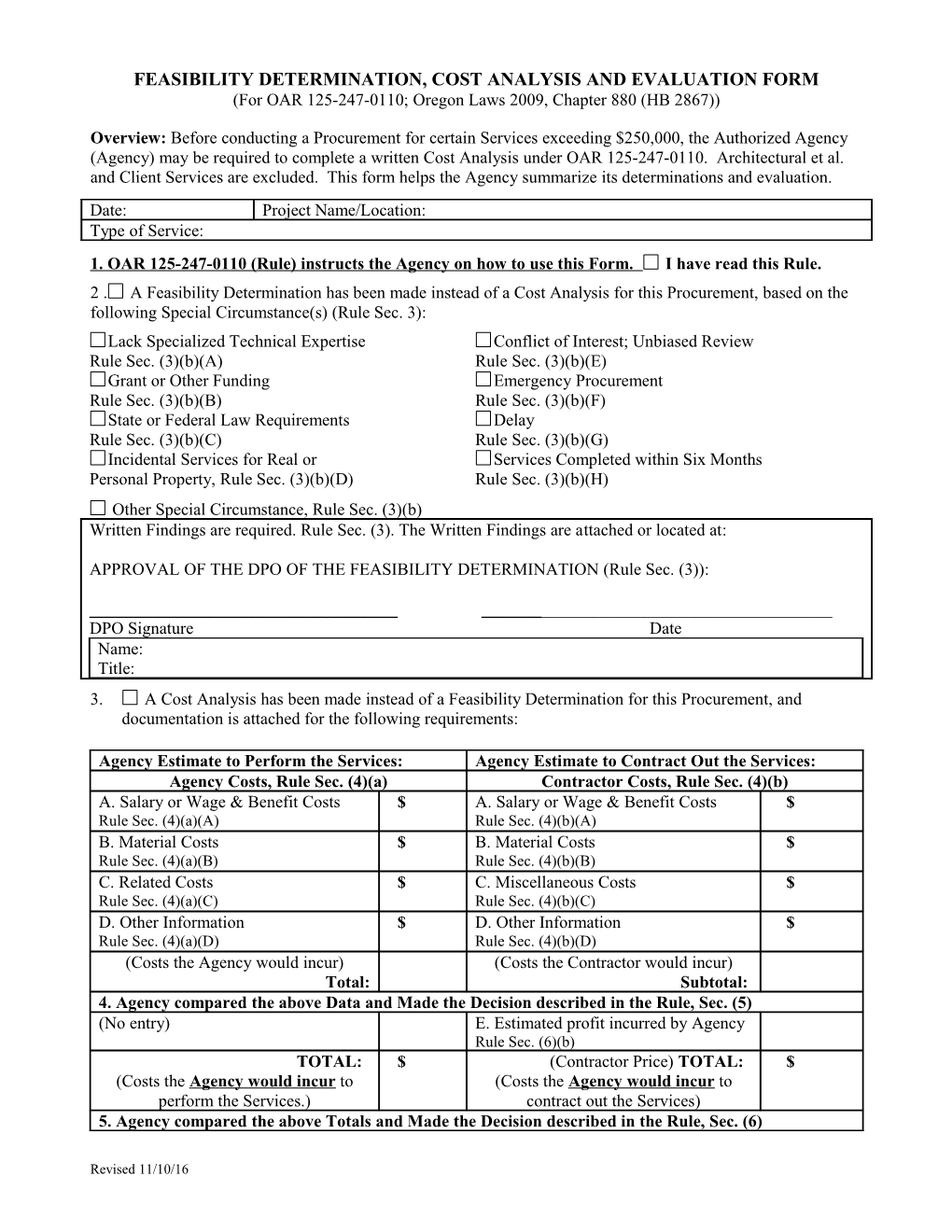 Feasibility Determination, Cost Analysis & Evaluation Form (HB2867)