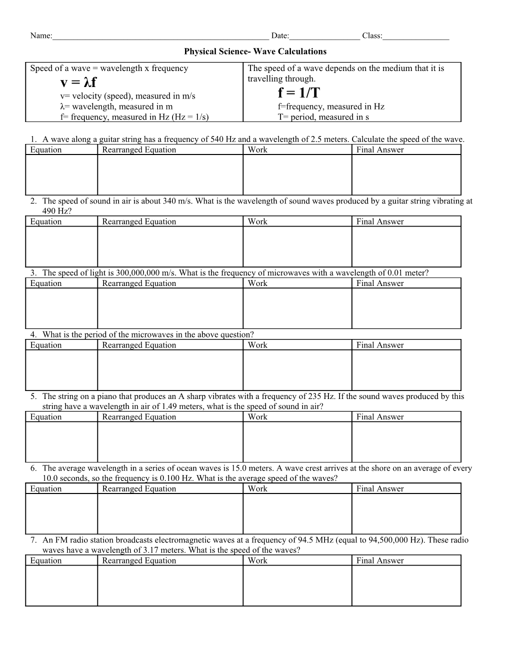 Physical Science- Wave Calculations