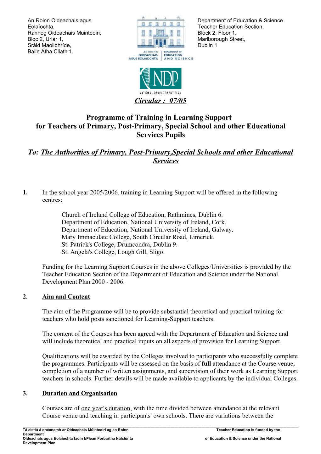 Circular 07/05 - Programme of Training in Learning Support for Teachers of Primary