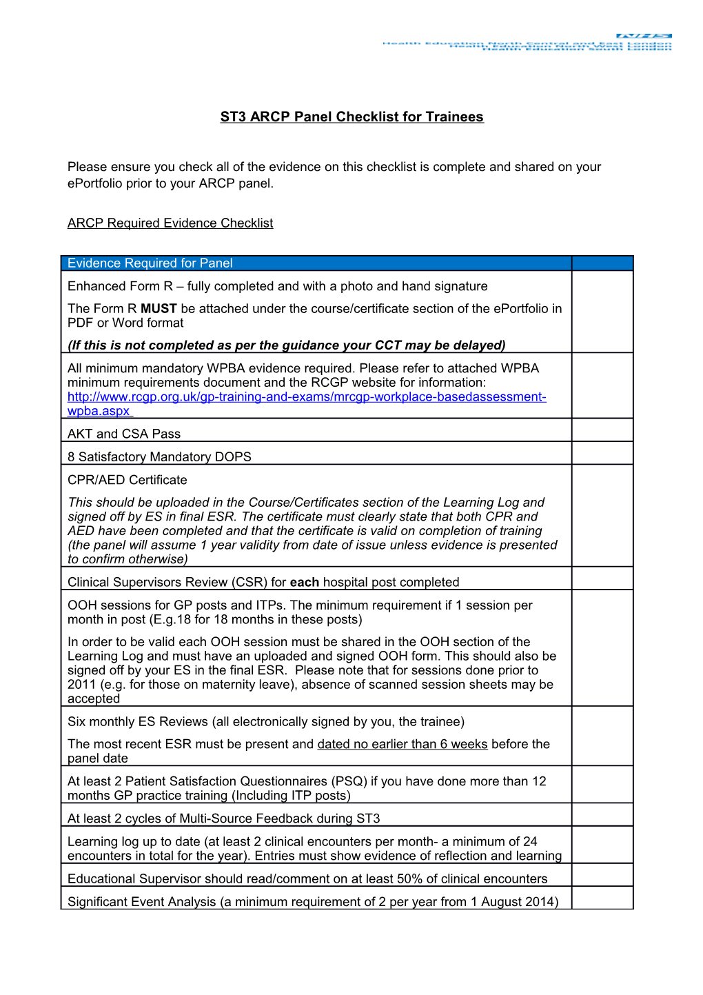 ST3 ARCP Panel Checklist for Trainees