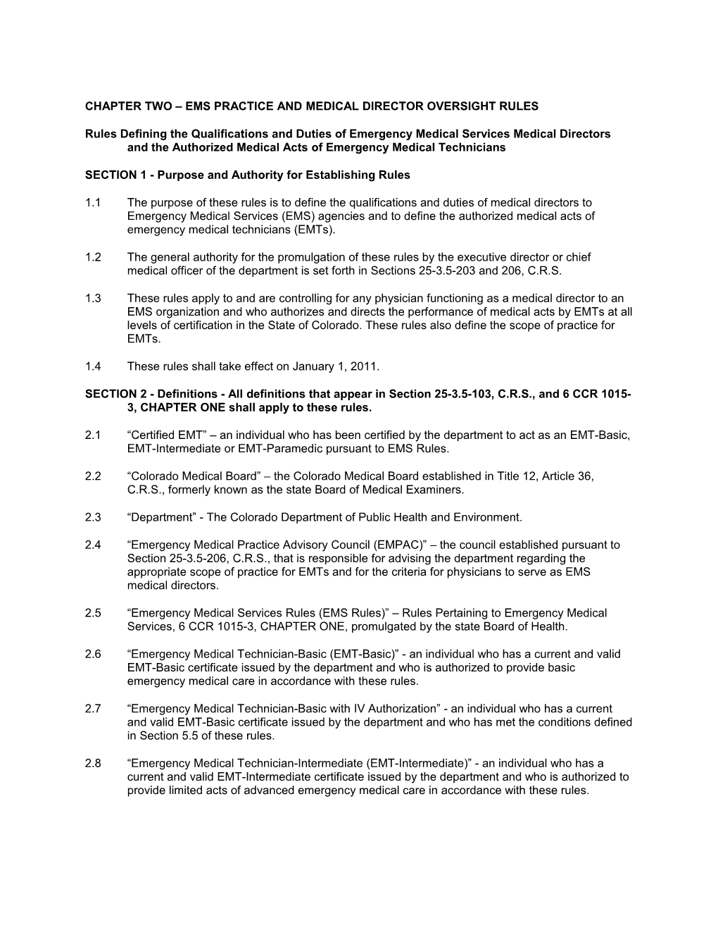 Chapter Two Ems Practice and Medical Director Oversight Rules