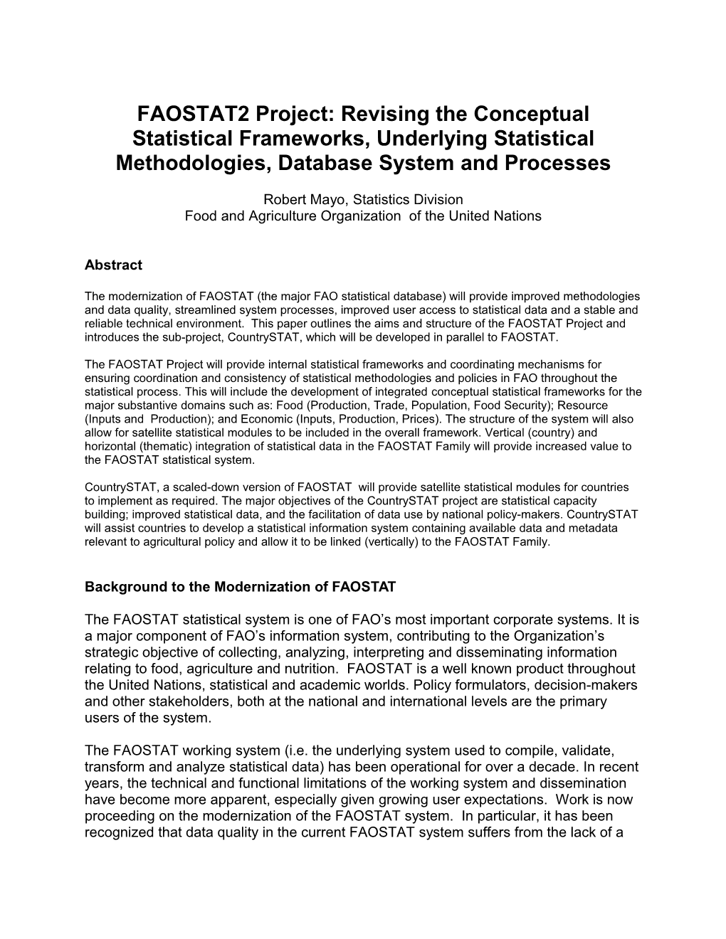 Faostat2 Project and Countrystat