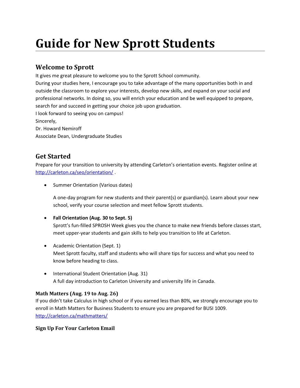 Guide for New Sprott Students