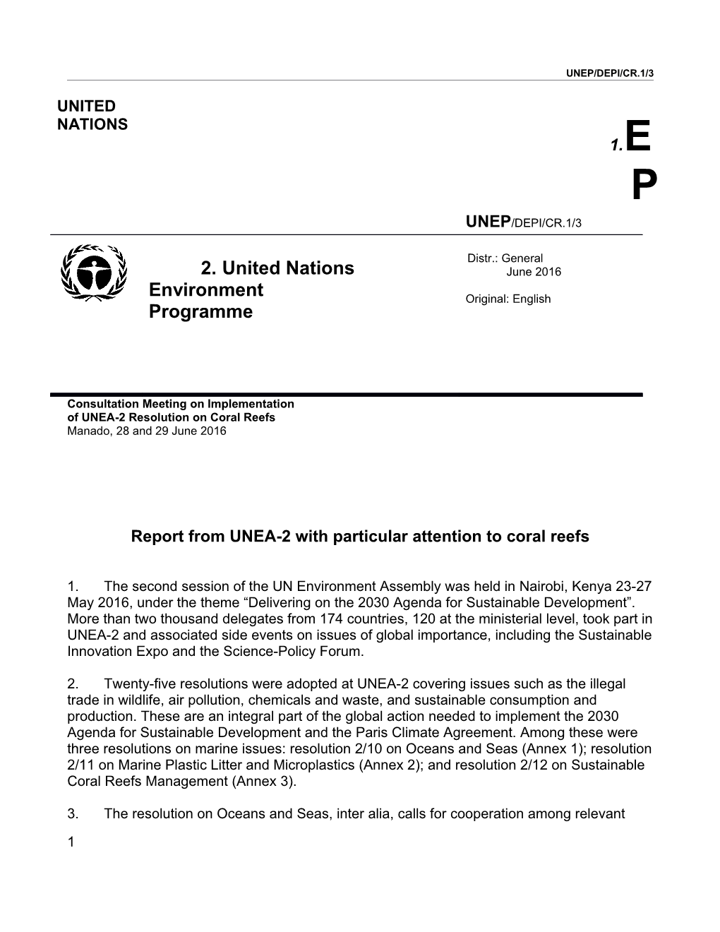 Of UNEA-2 Resolution on Coral Reefs