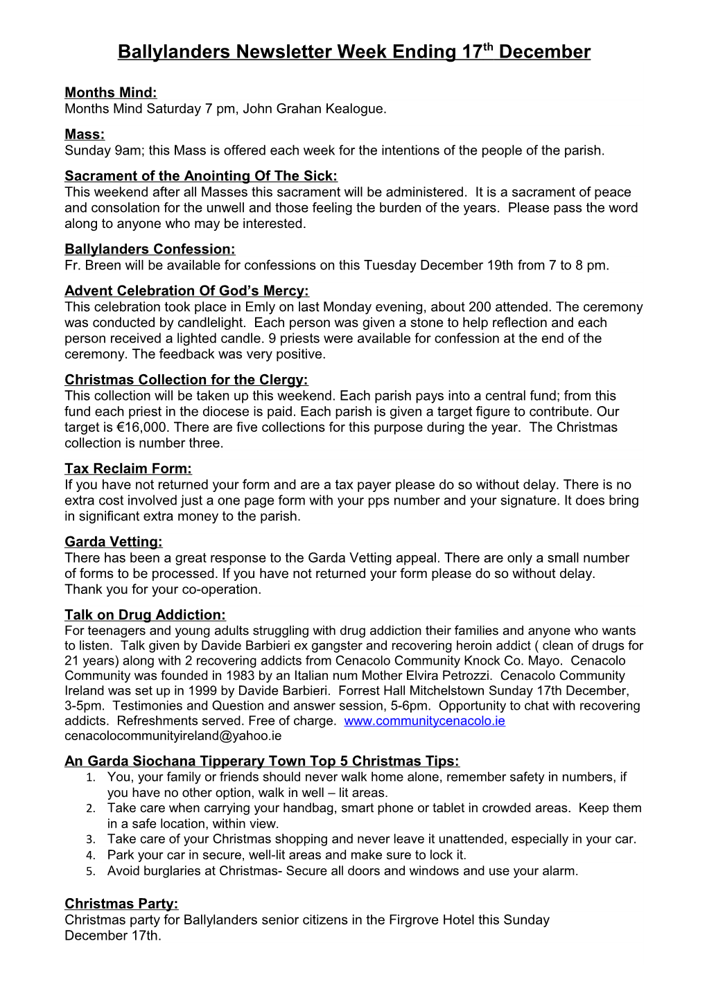 Ballylanders Newsletter Week Ending 17Thdecember