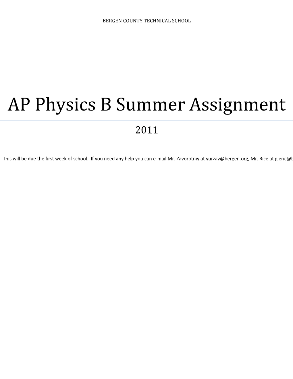 AP Physics B Summer Assignment