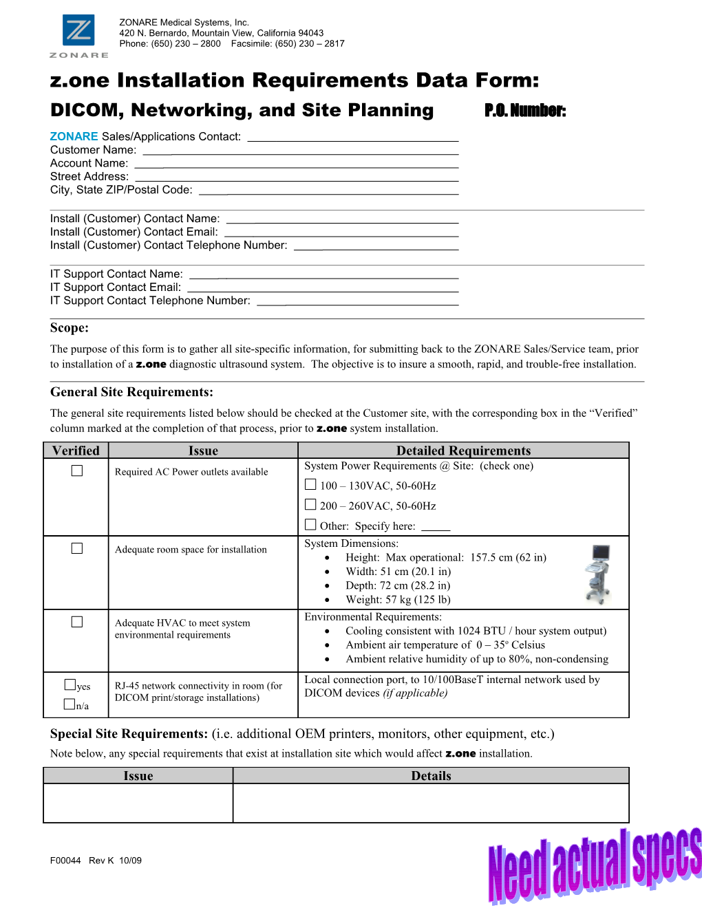 Z.One Installation Requirements Data Form