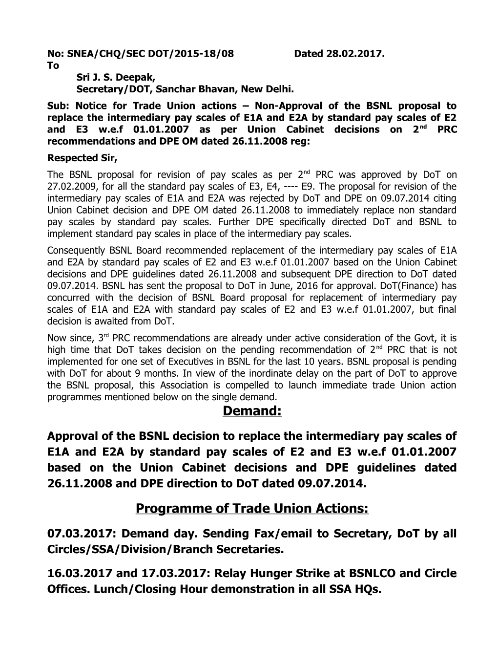 No: SNEA/CHQ/SEC DOT/2015-18/08 Dated 28.02.2017