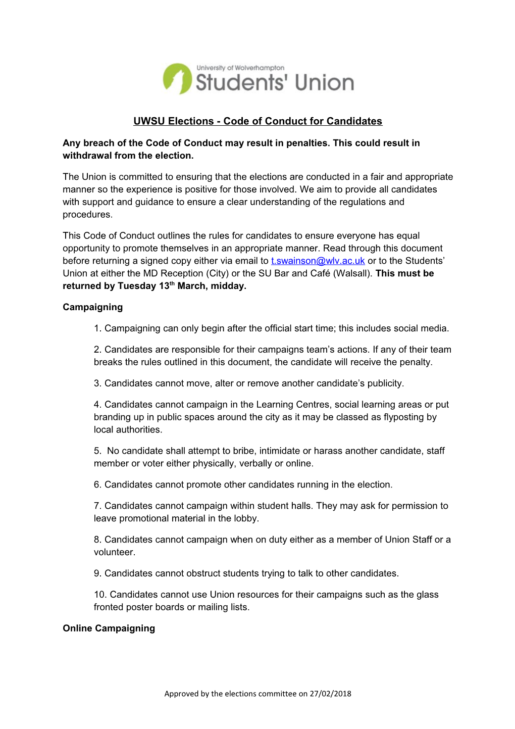 UWSU Elections - Code of Conduct for Candidates