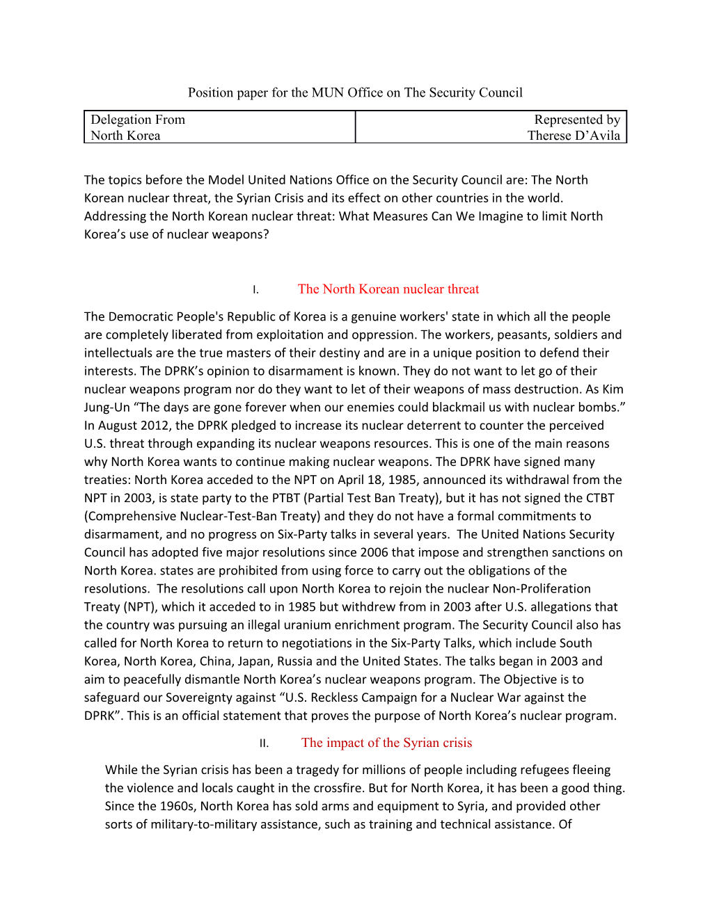 Position Paper for the MUN Office on the Security Council