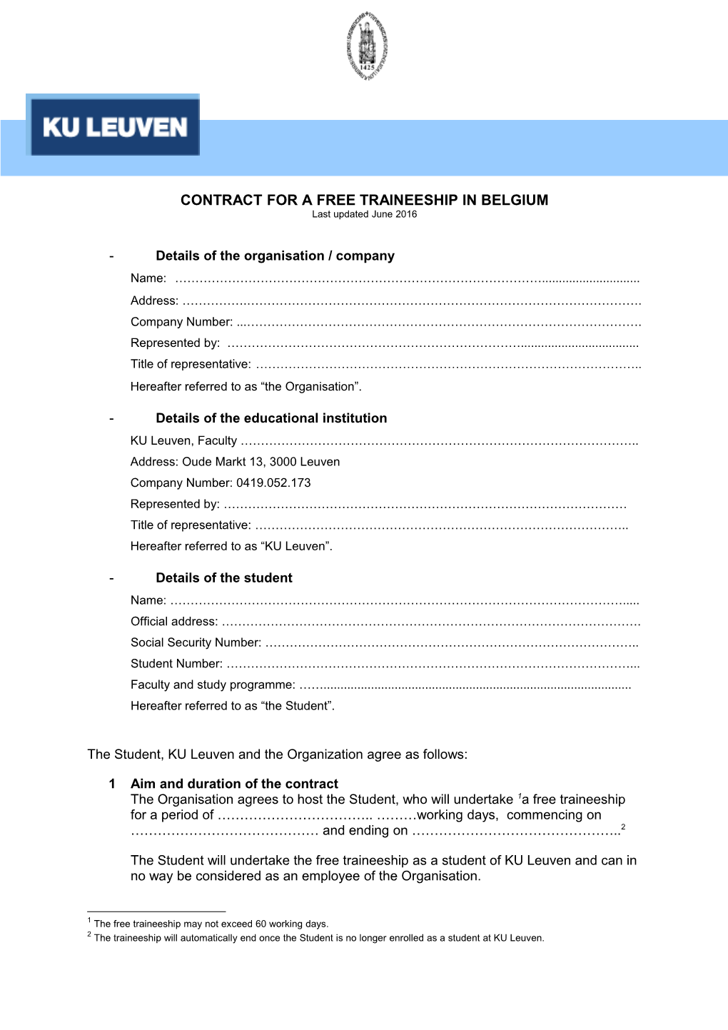 Contract for a Free Traineeship in Belgium