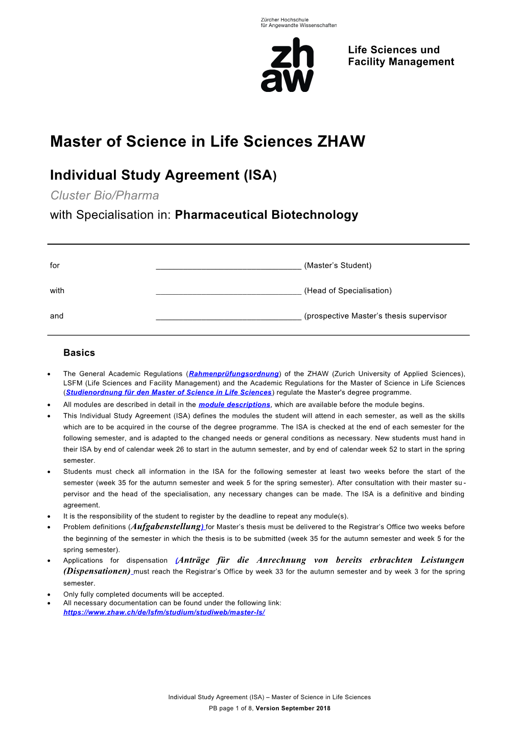 The General Academic Regulations ( Rahmenprüfungsordnung ) of the ZHAW (Zurich University