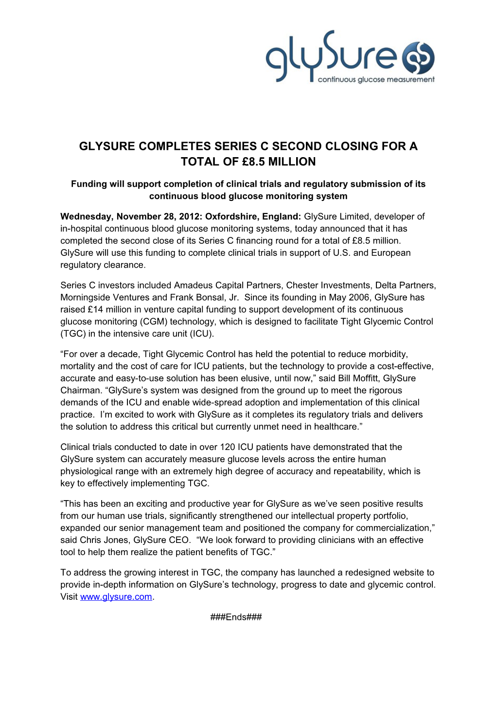 Glysure Completes Series C Second Closing for a Total of 8.5 Million