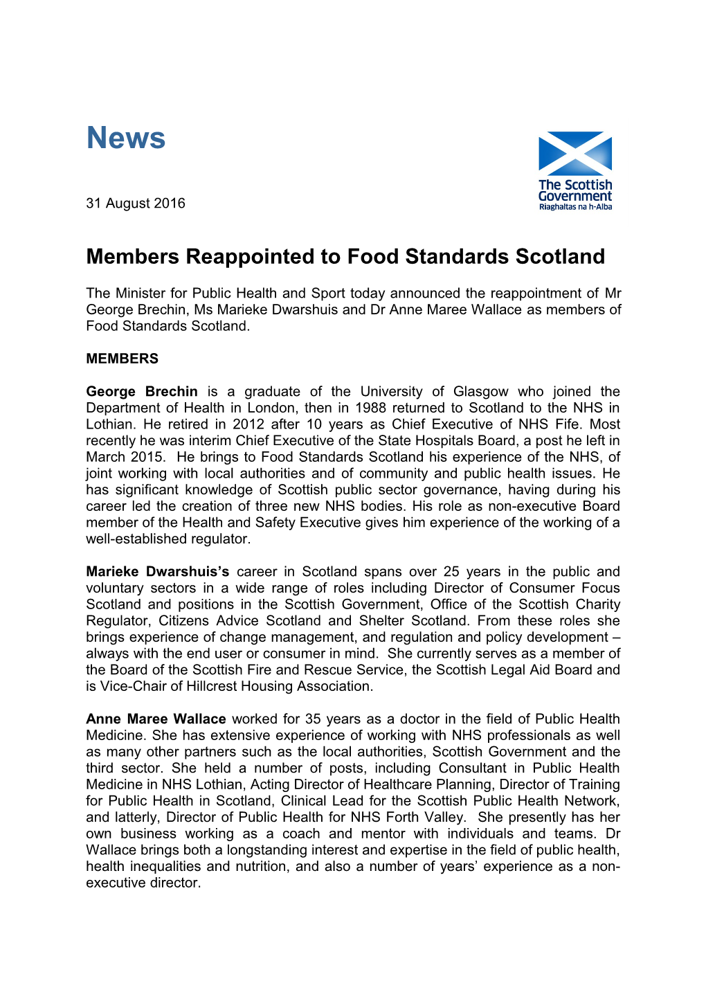 Members Reappointed to Food Standards Scotland