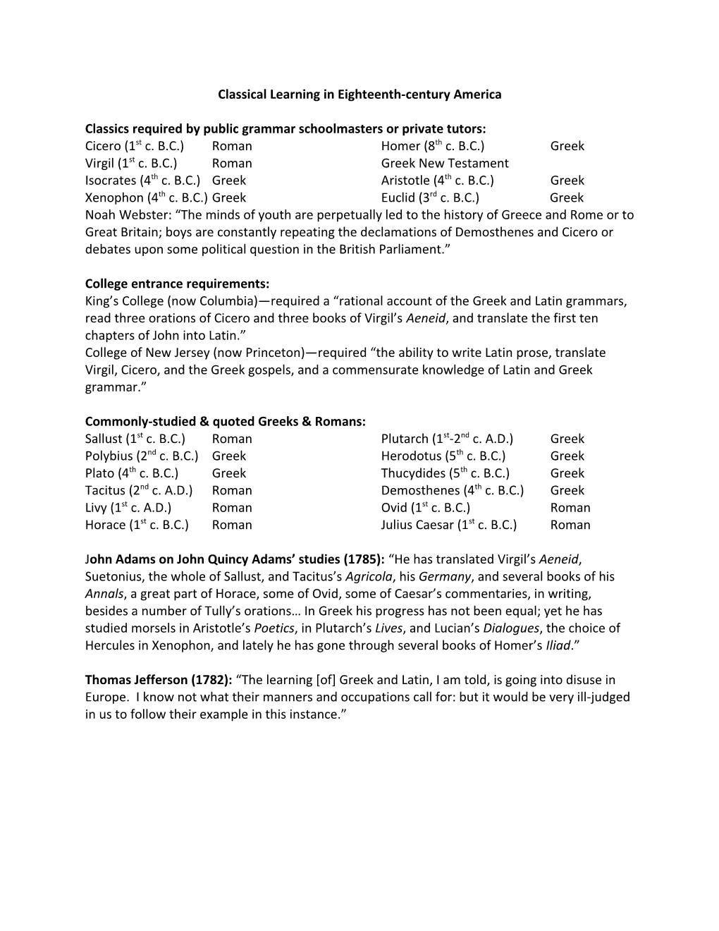 Classical Learning Ineighteenth-Century America