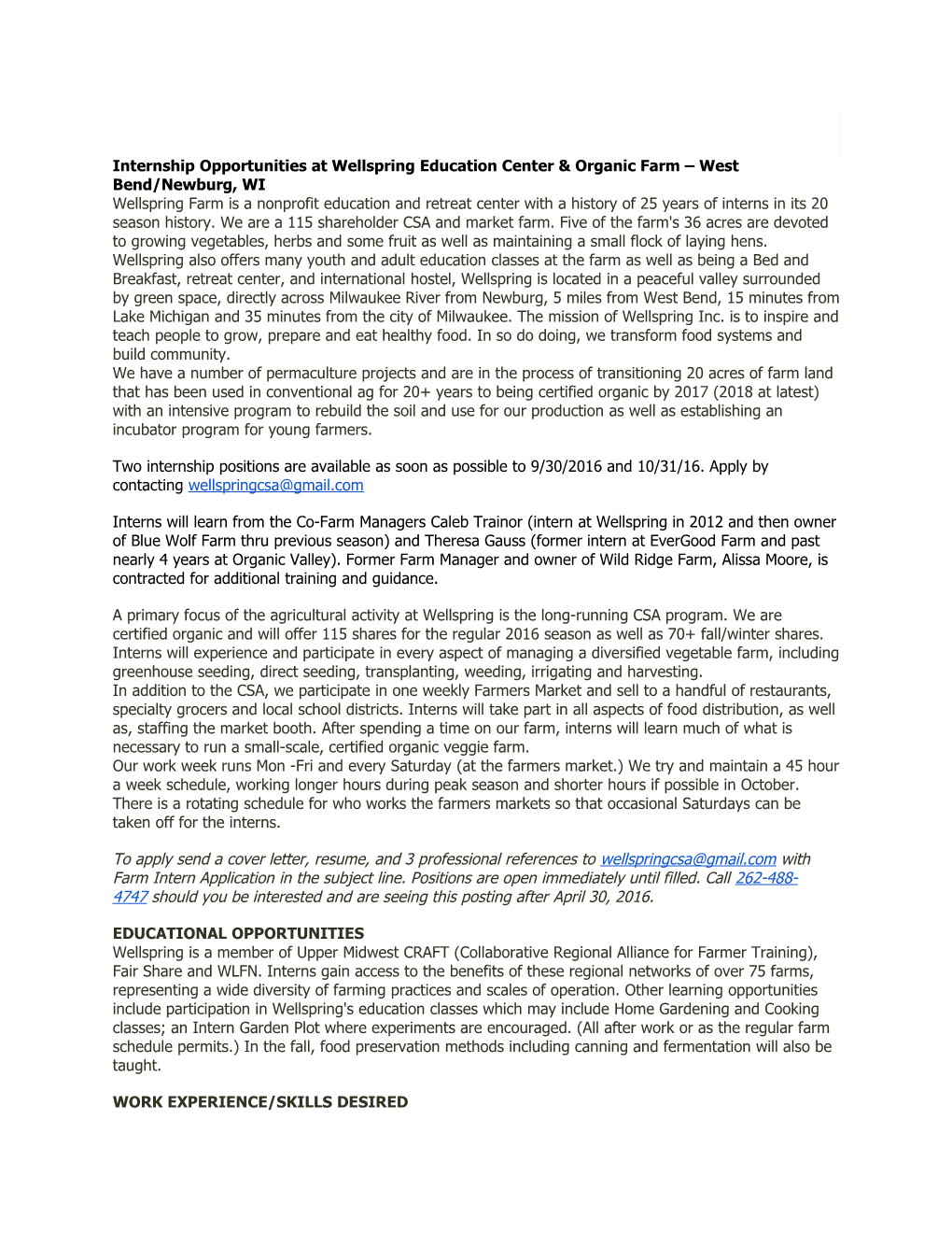 Internship Opportunities at Wellspring Education Center & Organic Farm West Bend/Newburg, WI