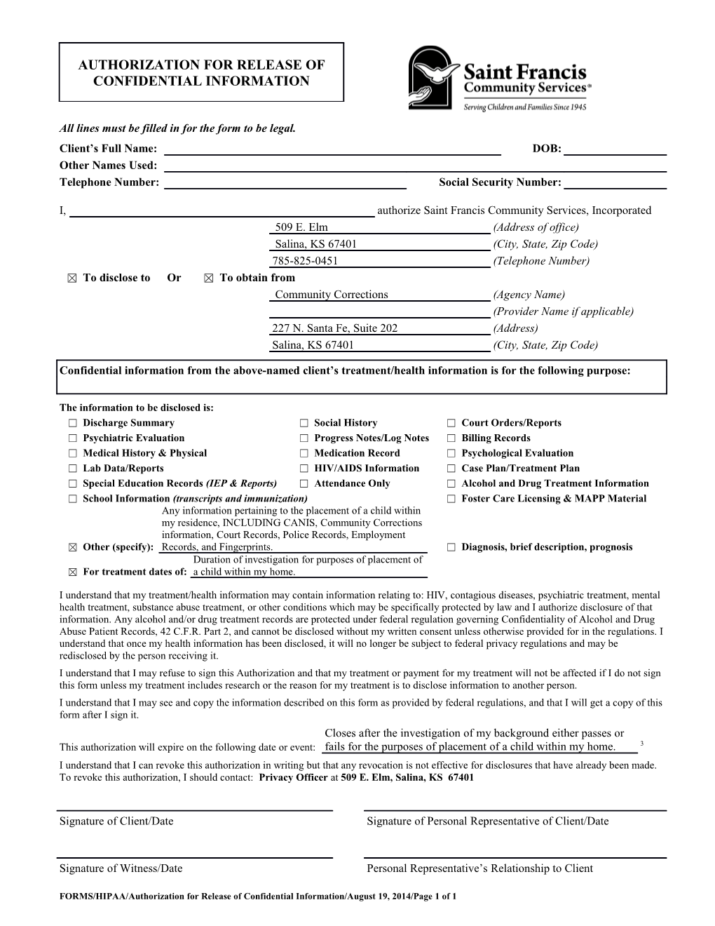FORMS/HIPAA/Authorization for Release of Confidential Information/August19, 2014/Page 1 of 1