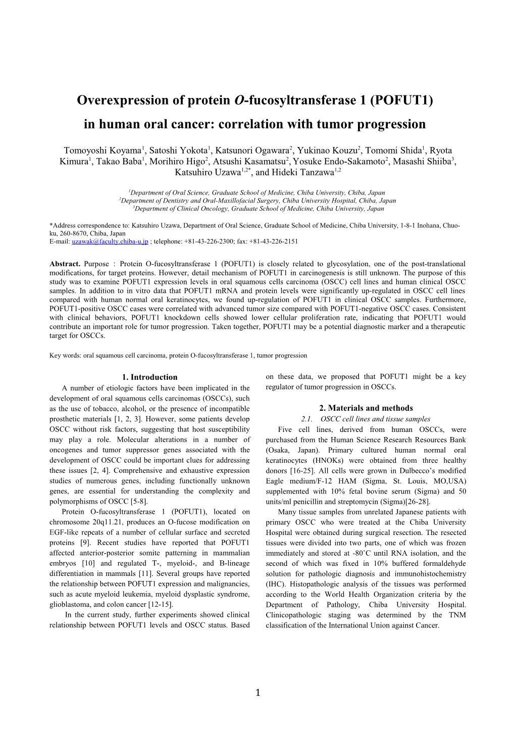 Overexpression of Protein O-Fucosyltransferase 1 (POFUT1) in Human Oral Cancer: Correlation