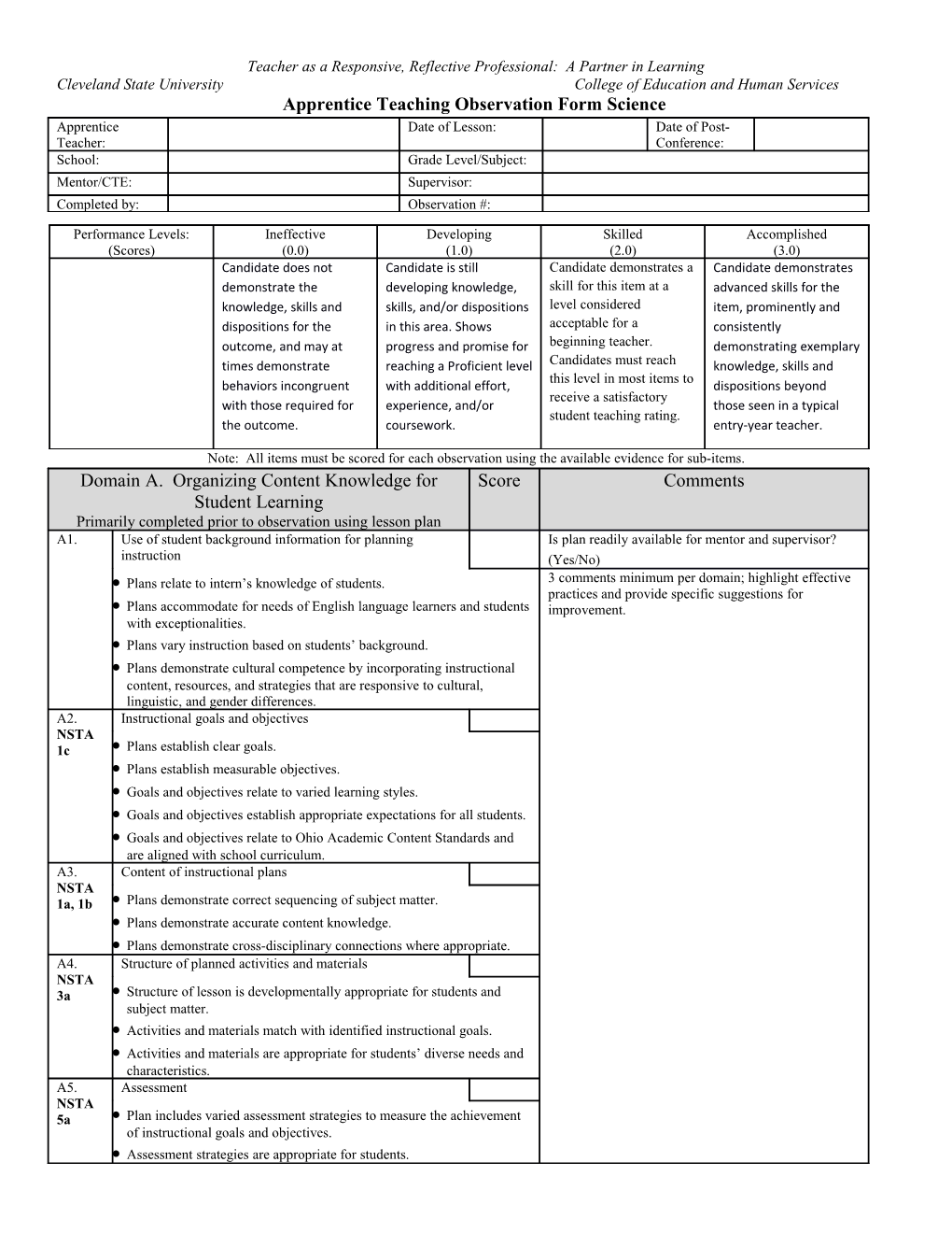 Apprentice Teaching Observation Form Science