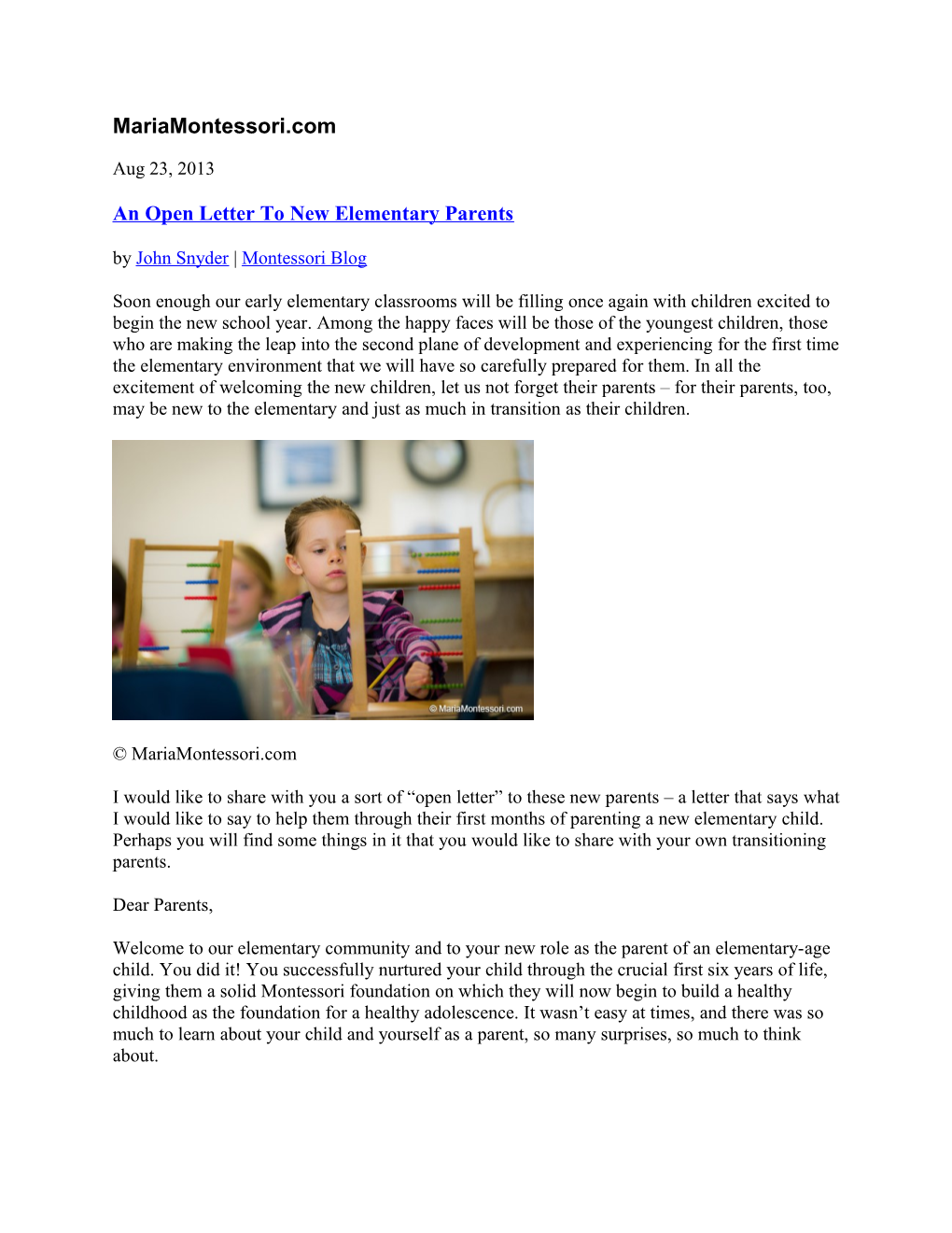 An Open Letter to New Elementary Parents