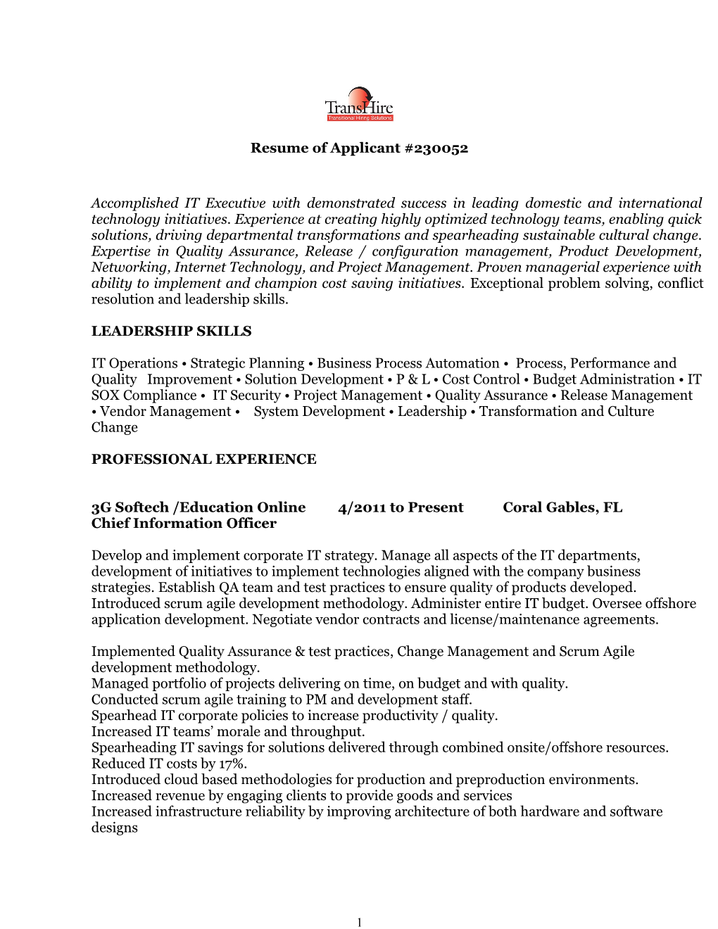 Resume of Applicant #230052