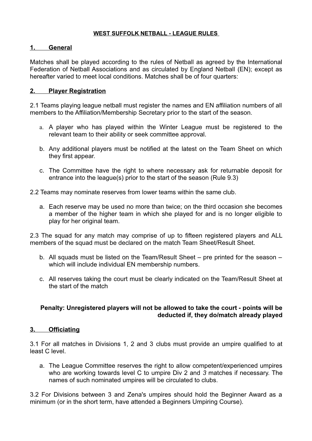 West Suffolk Netball - League Rules