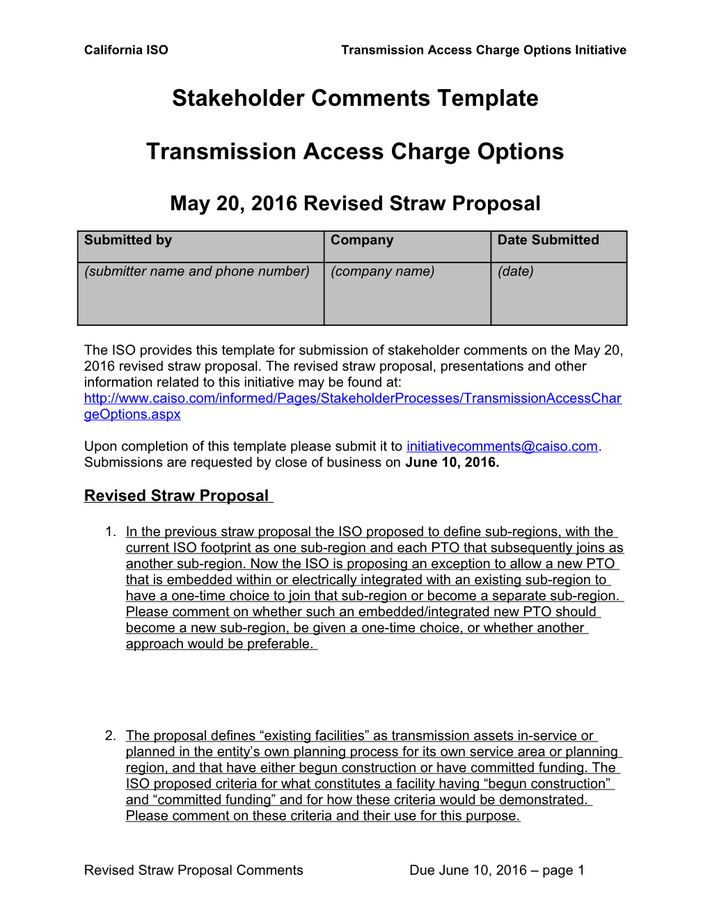 Comments Template - Transmission Access Charge Options - Straw Proposal and Discussion