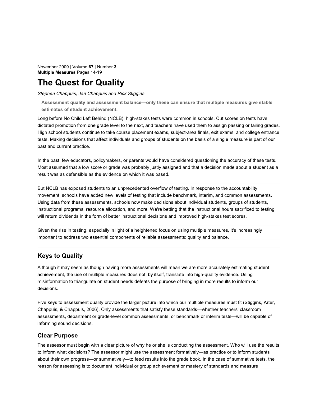 The Quest for Quality