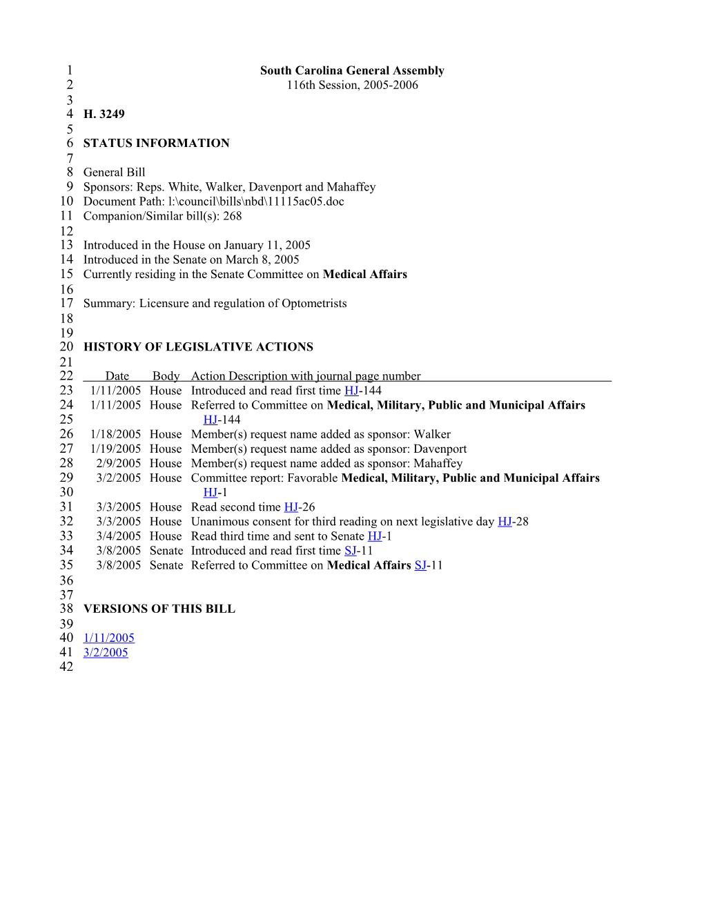 2005-2006 Bill 3249: Licensure and Regulation of Optometrists - South Carolina Legislature