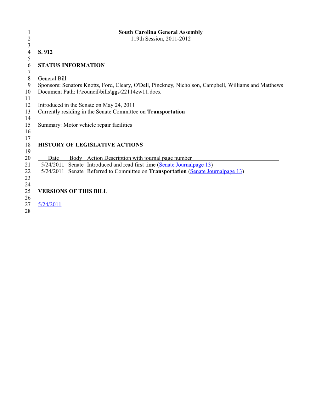 2011-2012 Bill 912: Motor Vehicle Repair Facilities - South Carolina Legislature Online