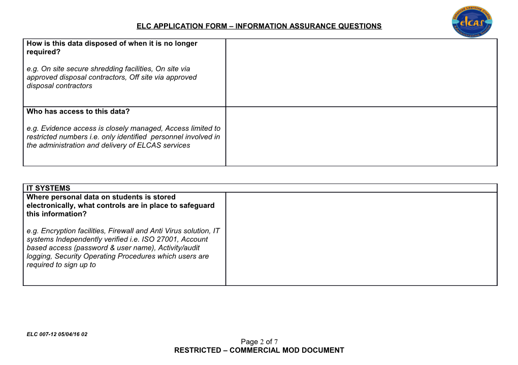 Elc Application Form Additional Questions