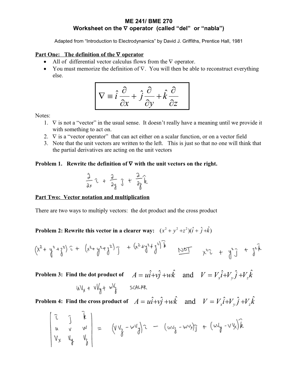 Worksheet on the Operator (Called Del Or Nabla )