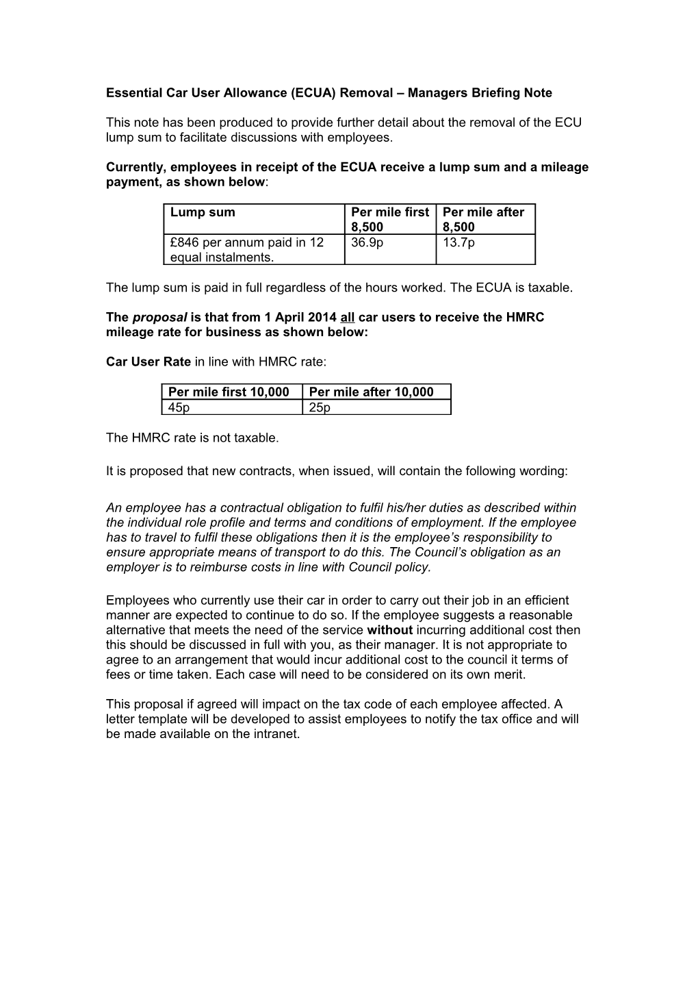 Essential Car User Allowance (ECUA) Removal Managers Briefing Note