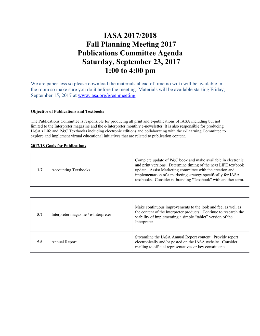 Fallplanning Meeting 2017 Publications Committee Agenda