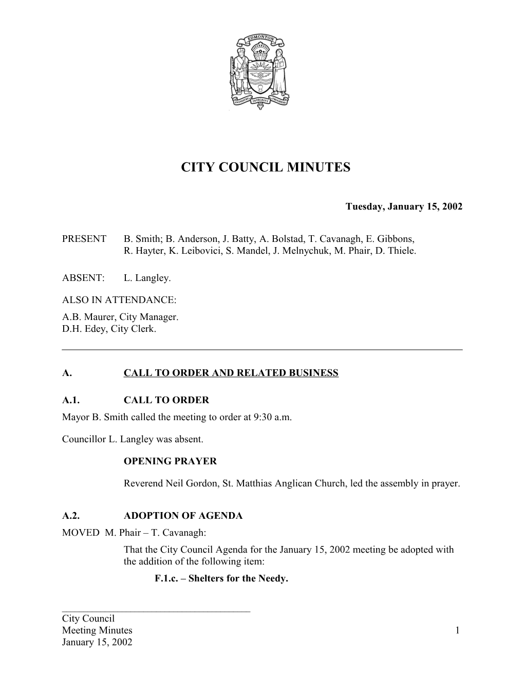 Minutes for City Council January 15, 2002 Meeting