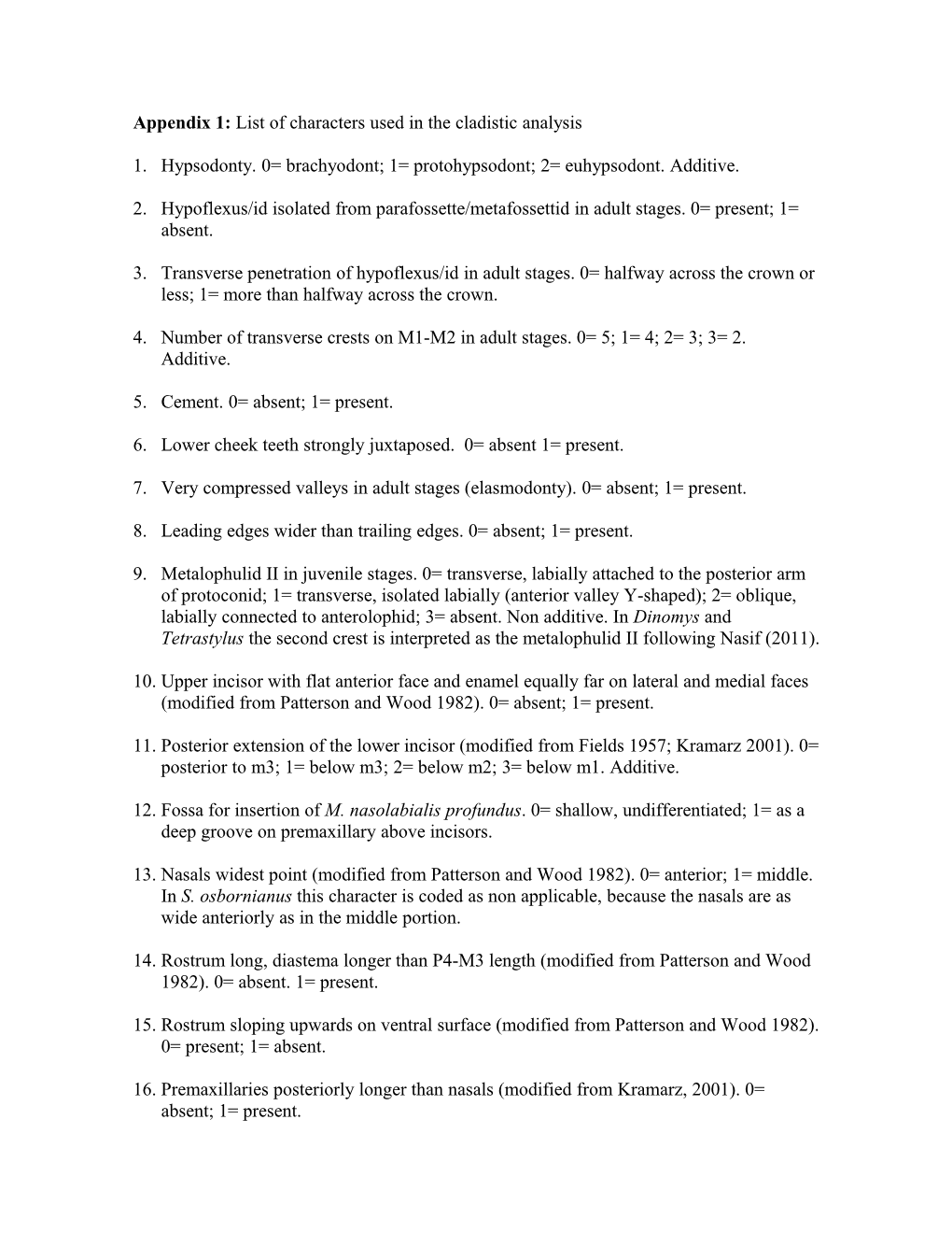 Appendix 1: List of Characters Used in the Cladistic Analysis