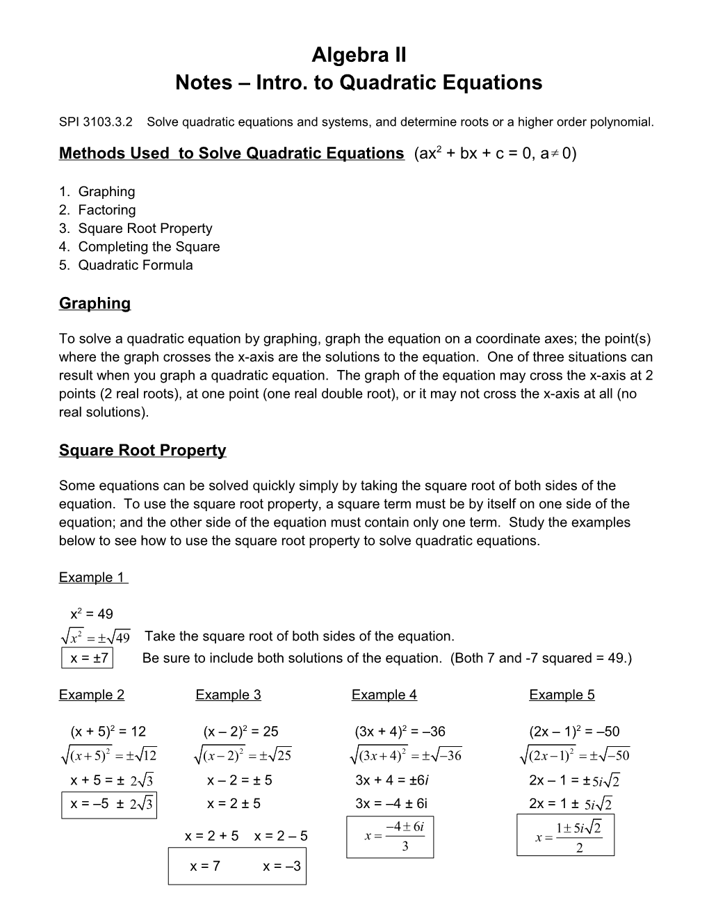 Notes Intro. to Quadratic Equations